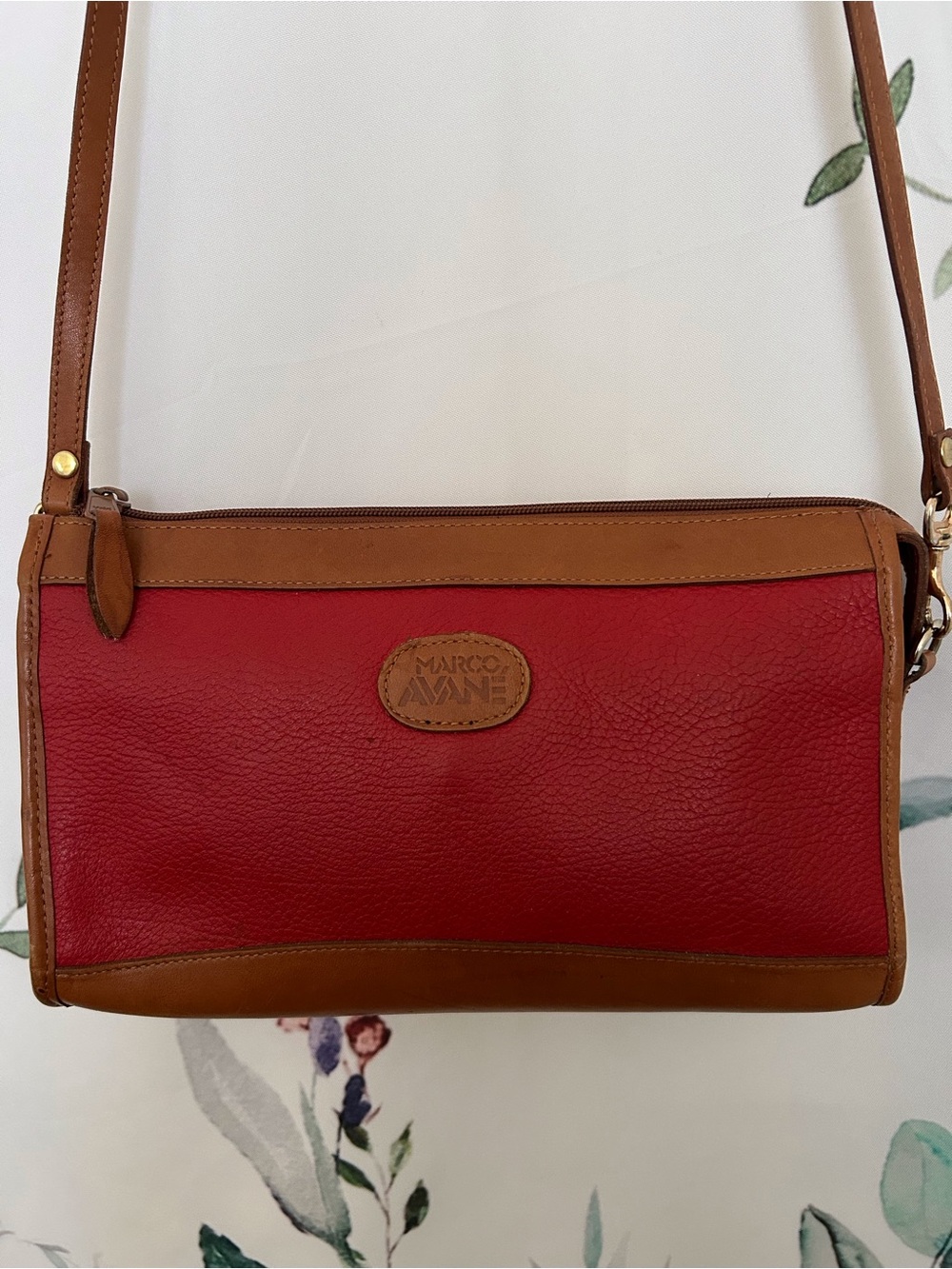 Vintage Red & Tan Pebbled Leather Crossbody Bag by Marco Avane